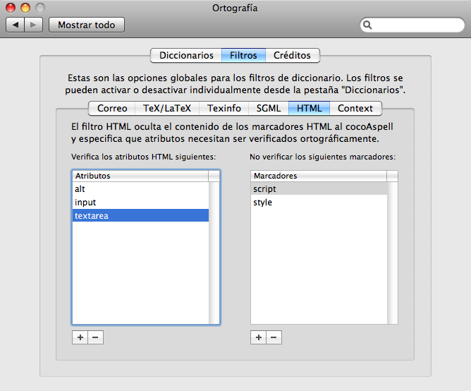 Pestaña filtros HTML